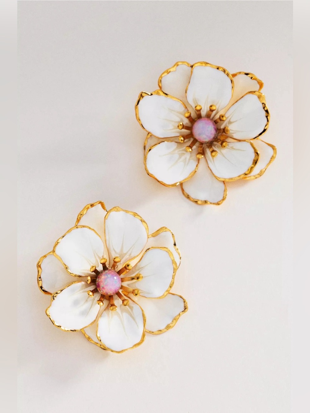 Anthropologie White Enamel Flower Earrings with Pink Center